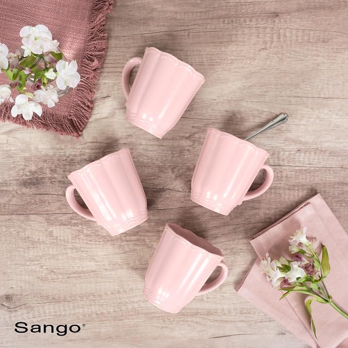 SANGO Bethany Pink Mugs Set of 4, 15 oz Stoneware Pink Coffee Mugs, Vibrant Ceramic Drinkware for Coffee, Tea or Cocoa, Durable Everyday Cups, Dishwasher & Microwave Safe, Kitchen Mug Set