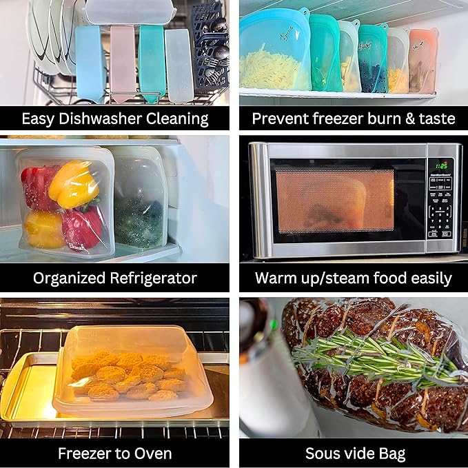 Elkanah Extra Large 116fl oz Silicone Bags Reusable Freezer Bags Silicone Gallon Bag Food Storage Bag|Oven Bags|Sous Vide|Microwave|Oven|Dishwasher safe | 116fl oz, Gallon Bag, Oven Safe, Sous Vide, Microwave Safe, Dishwasher Safe