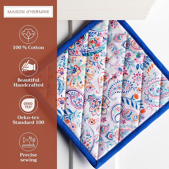 Maison d' Hermine Pot Holders 100% Cotton Heat Resistant Potholders 8" x 8" Hot Pads with Loop BBQ Cooking Baking Gifts for Mothers Day Handling Hot Pans Spring/Summer (Pack of 1, Indian Floral)