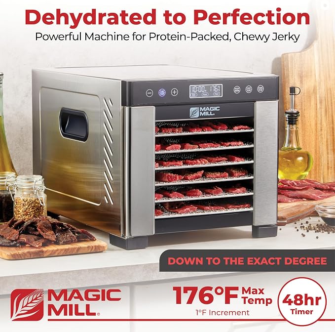 Magic Mill Pro Food Dehydrator Machine | Powerful 600W Rear Fan Even-Drying System | 7 Full-Size Stainless Steel Trays | 95°-176° Temperature Control, 48H Timer, Keep Warm + Auto Shutoff | ETL Listed