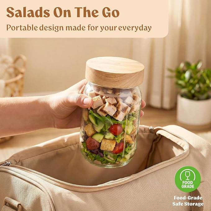 EDELHAUS 4 Pack Glass Salad Jars with Wooden Lids for Meal Prep, Leakproof Container with Two Small Built in Cups for Wet/Dry Separation for Salad Dressing and Ingredients, 32oz Mason Jars (Oak)