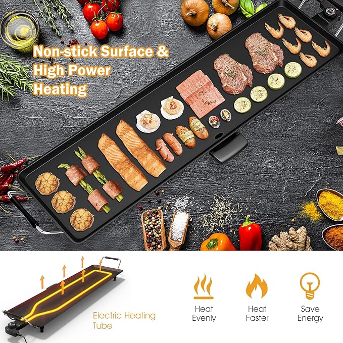 Costzon 35" Electric Griddle, 2000W Nonstick Extra Large Griddle, Long Table Top Grill w/5-Level Temp & Drip Tray, Indoor Outdoor Cooking Plates Teppanyaki Grill for Pancake, BBQ, Camping Gatherings