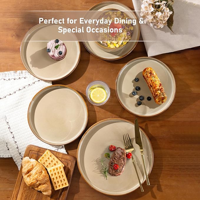 GBHOME 18-Piece Stoneware Dinnerware Set for 6 – Ribbed Ceramic Plates and Bowls, Scratch-Resistant, Microwave & Dishwasher Safe, Reactive Glaze, Barley Latte