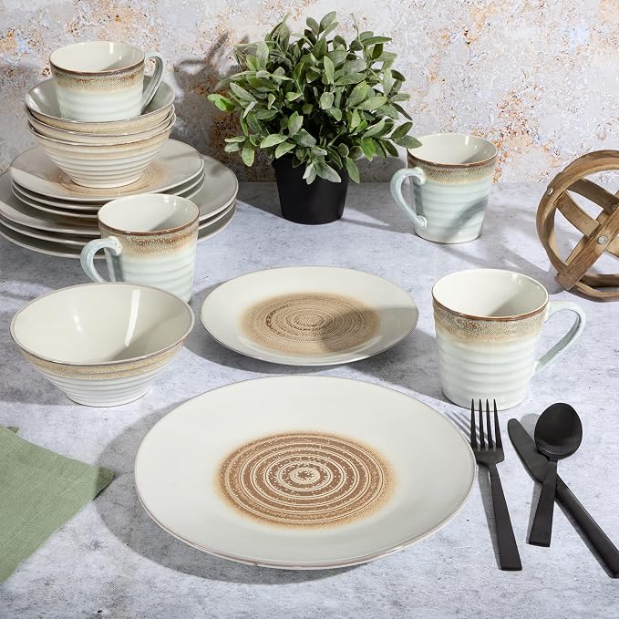 Gibson Elite Spiral 16 Piece Reactive Embossed Dinnerware Set - Taupe