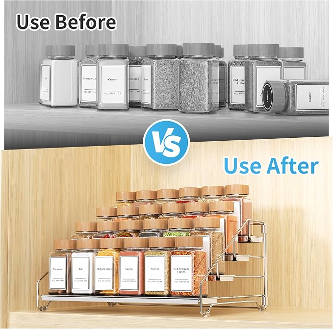 BOIVSHI Spice Organizer, 4 Tier Spice Rack Organizer for Cabinet, Adjustable Depth Spice Shelf for Countertop, Heavy Duty Seasoning Organizer for Cabinet, Counter, Pantry, Cupboard - Chrome,1 Pack