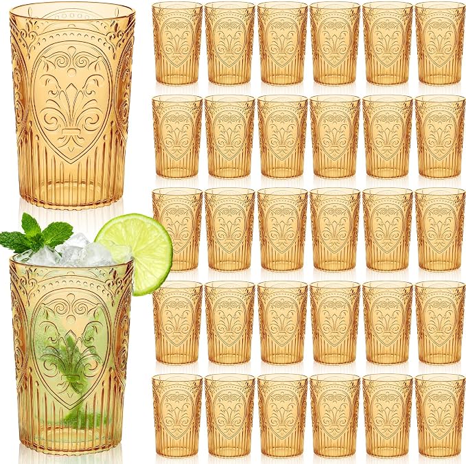 48 Pcs 16 oz Plastic Vintage Drinking Glasses Stemless Ribbed Highball Glasses Bulk Embossed Reusable Cup for Water Beer Cocktails Juice Wedding Bridal Shower Birthday Event Party (Amber)