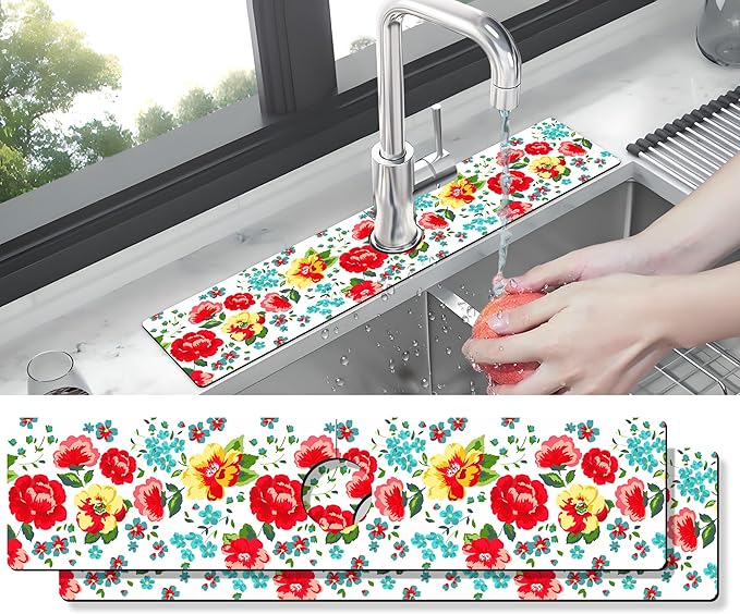 Kitchen Sink Splash Guard Faucet Mat -2 PC Super Absorbent Fast Drying Mat Sink Gadgets-Splash Guard Behind Faucet Drip Catcher for Kitchen, Bathroom,Sink Mat, Dish Drying Mat, Bathroom(23.5" X 5.5" )