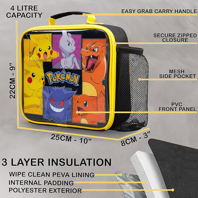Get Trend Pokemon Kids Insulated Lunch Bag 3Pc Set with Bento Box & 20 fl oz BPA-Free Water Bottle with Straw, Lightweight Kids Lunch Box, Pikachu Anime Gifts for Gamers