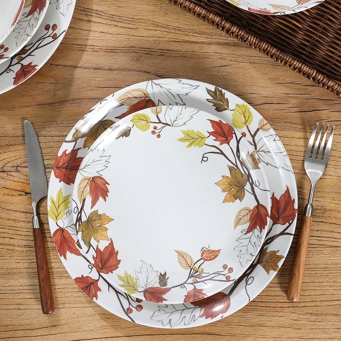 Melamine Dinnerware Sets 12 Pcs, Spring Party Plates and Bowls Sets, Camping Dishes Set for 4, Unbreakable, BPA Free, Dishwasher Safe（Yellow Maple Leaves）