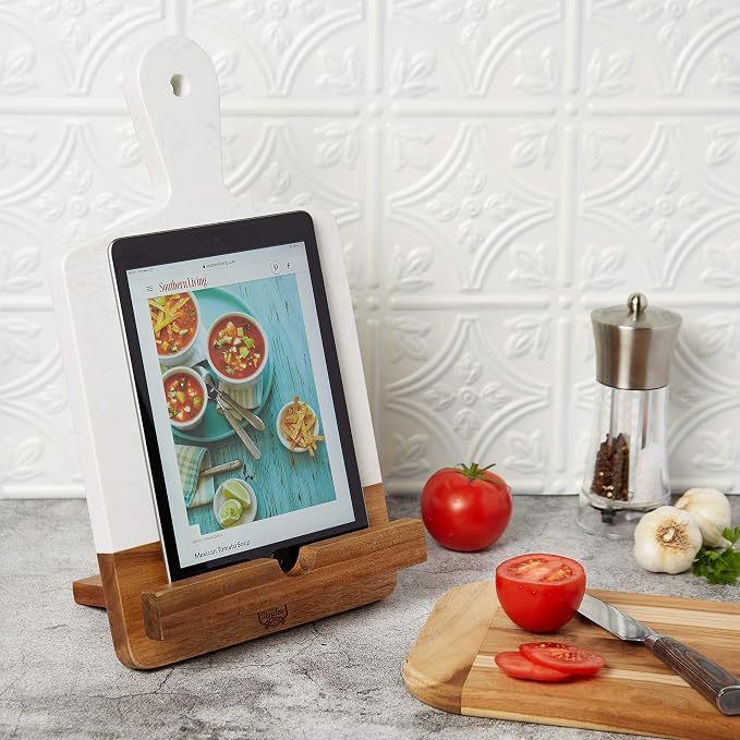 The Original Patented TENDER COTTAGE Cookbook Holder - Charcuterie Board - White Marble Cheese Board - Christmas, Mothers Day, Grandmother Gift, Wedding, Housewarming