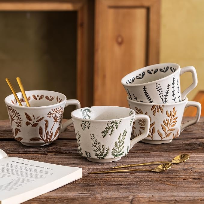 Ceramic Mugs 11oz and 2 Spoons, Coffee Cup Set of 2, 3D Carved Cup, Modern Coffee Mugs For Tea Latte Cappuccino Cocoa, Housewarming Wedding Gifts, Microwave Dishwasher Safe
