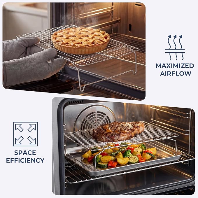E-far 3-Tier Cooling Rack for Cooking and Baking - 15”x10” Collapsible & Stackable Tight-Wire Stainless Steel Cookie Rack for Baking Sheet, Oven, Roasting, Dishwasher Safe & Space Saving