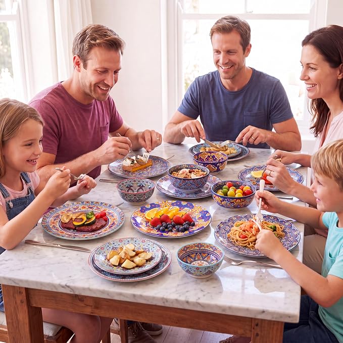 HASENSE 18 Pieces Kitchen Dinnerware Sets Service for 6, Bohemian Style Plates and Bowls Set, Ceramic Vintage Tableware Dishes Set, Scratch Resistant Microwave and Dishwasher Safe, Assorted Color