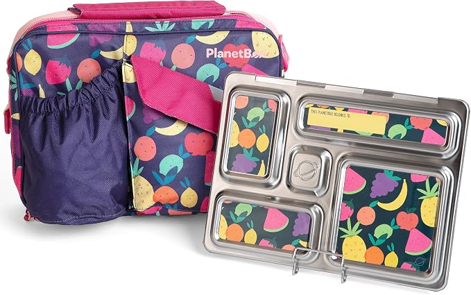 PlanetBox Rover Stainless Steel Bento Box Style Lunch Box Kit for Kids with 5 Compartments – Tutti Frutti Edition includes Insulated Lunch Bag, Leakproof Food Containers and Matching Magnets