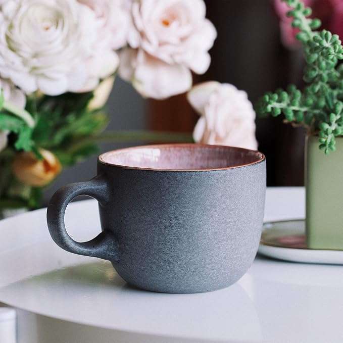 BTaT- Porcelain Coffee Mugs Set, 14 oz (415 ml), 6 Pack, Ceramic Coffee Mugs, Matte Black Outside and Colorful Inside, Restaurant Cups for Tea, Cappuccino, Cocoa, Cereal, Mug Gift Set, Dishwasher Safe