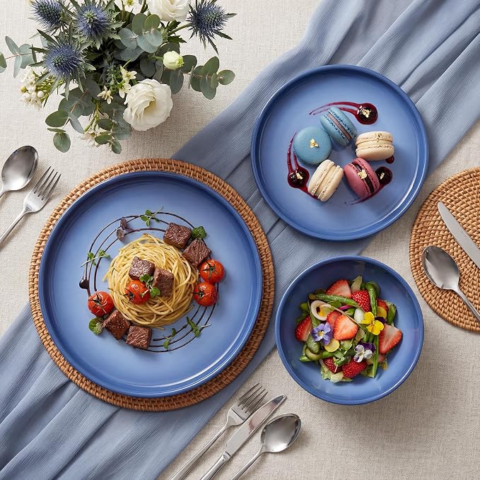 SMIRLY Stoneware Dinnerware Set for 4, 12-Piece Ceramic Plates and Bowls Set, Chip & Scratch Resistant Dish Set, Microwave, Dishwasher & Oven Safe for Everyday Meals, Blue