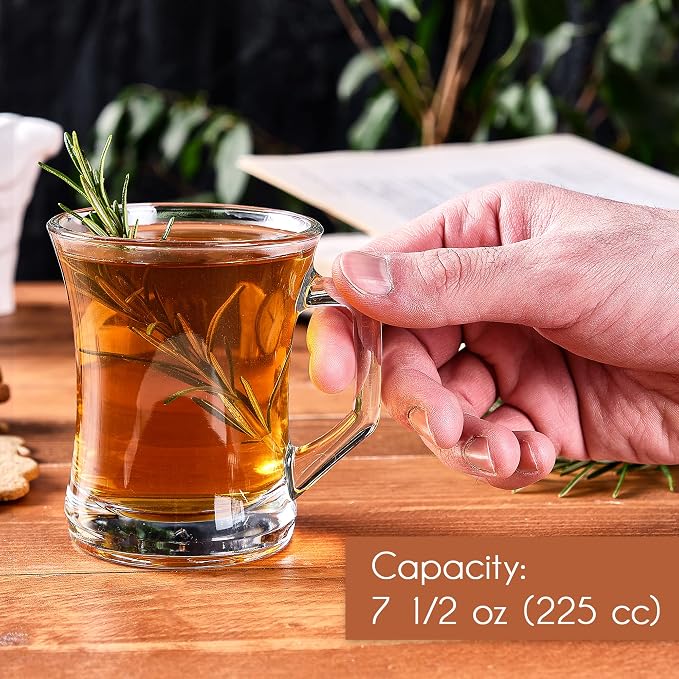 Volarium Glass Coffee Mugs with Handle, 7.5 oz Clear Glass Tea Cups for Hot or Cold Drinks, Set of 6