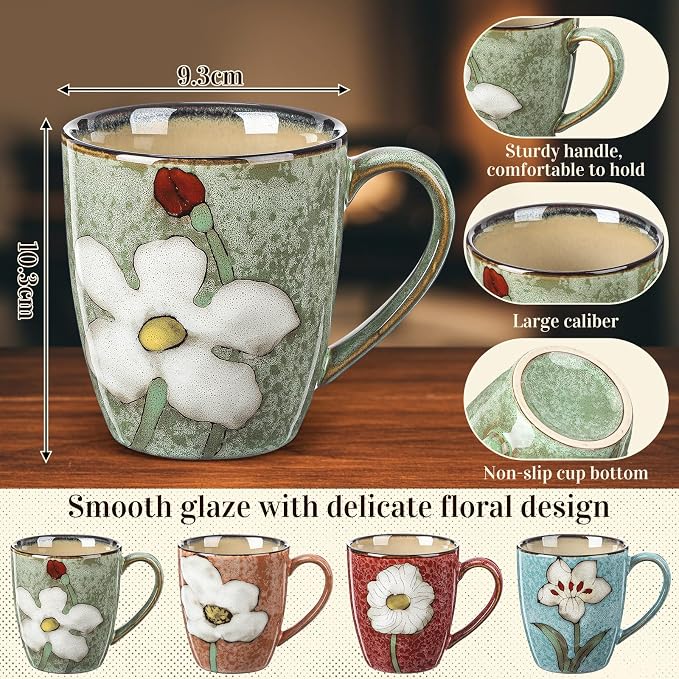 Maxdot 4 Pcs 12oz Ceramic Coffee Mugs Sets Glazing Process Cappuccino Mug Floral Ceramic Tea Cups Idea Gift Set for Women Porcelain Cup for Coffee, Cocoa, Tea, Latte (Retro) (Classic)