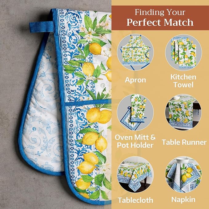 Maison d' Hermine Double Oven Mitts 100% Cotton 7"x35" Double Oven Mitt Heat Resistant BBQ Cooking Gloves with Loop Baking Grilling Gifts for Mothers Day Spring Summer (Cedrat)