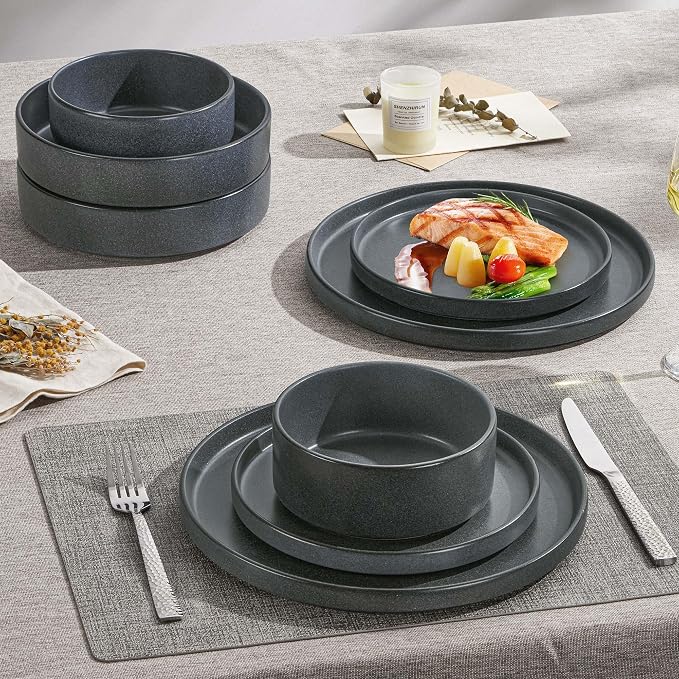 Herogo Dinnerware Dishes Sets with Salad Bowls, 24 Piece Plates and Bowls for 6, Dishwasher & Microwave Safe Ceramic Stoneware for Kitchen, Dark Gray