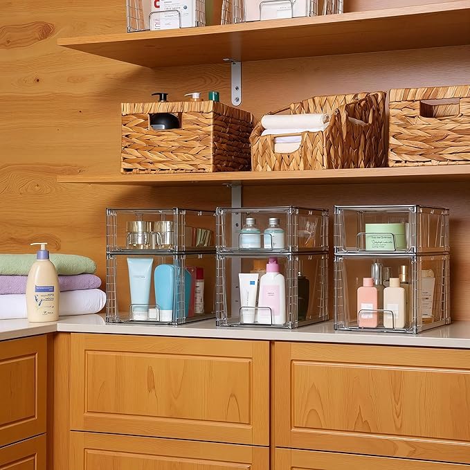 Clear Stackable Acrylic Storage Drawers(4 Pack), Plastic Organizer Bins with Handles, Easy Assembly for Bathroom Kitchen Pantry Cabinet Under Sink Snack Home Storage Solutions