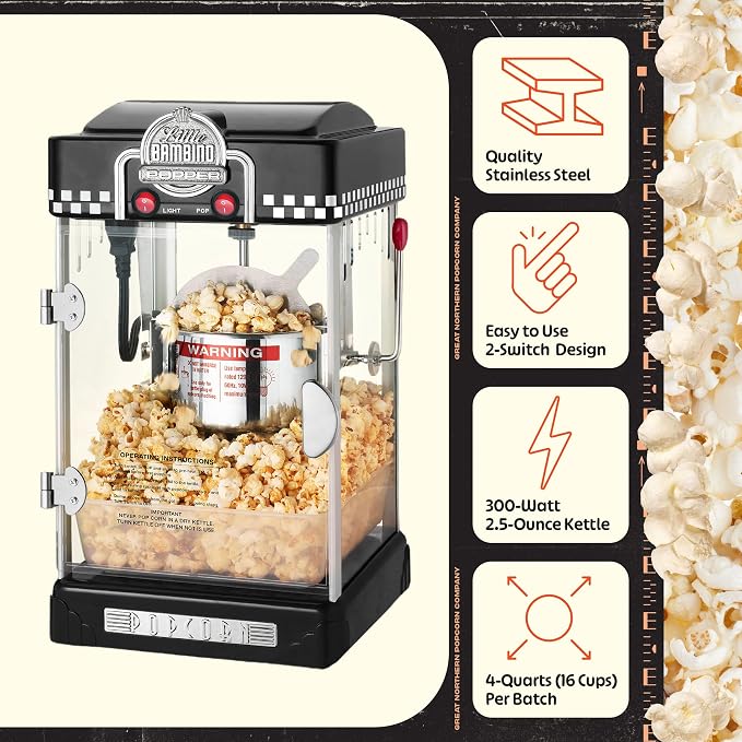 Great Northern Popcorn 83-DT5620 Northern Company GNP BlackGNP Little Bambino 2-1/2 Ounce Retro Style Popcorn Popper Machine, 2.5 Ounce, Black | Countertop or Tabletop Movie Theater Style Popcorn Maker Machine with Stainless-Steel Kettle Popper - Movie...
