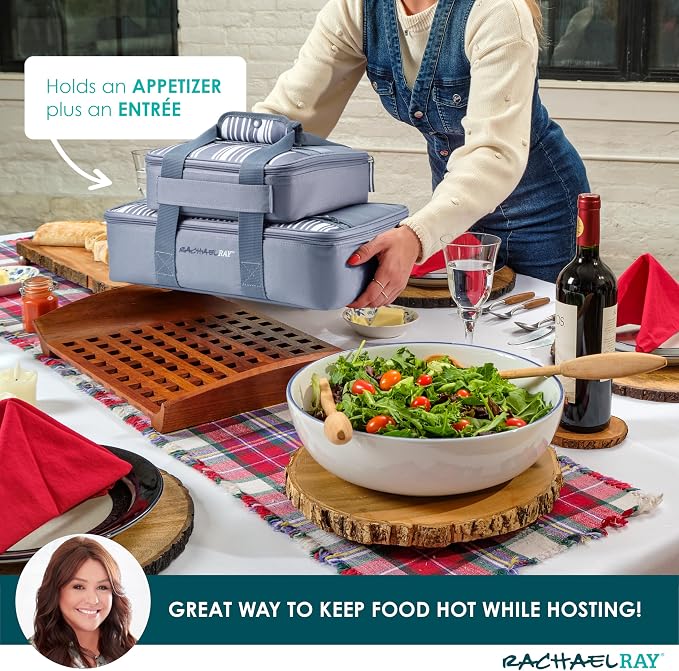 Rachael Ray Lugger Duo, Insulated Casserole Carrier for Hot or Cold Food, Thermal Lasanga Lugger Tote for Potluck, Parties, Picnic, and Cookouts, Fits 9" x 13" Baking Dish, Slate Stripe