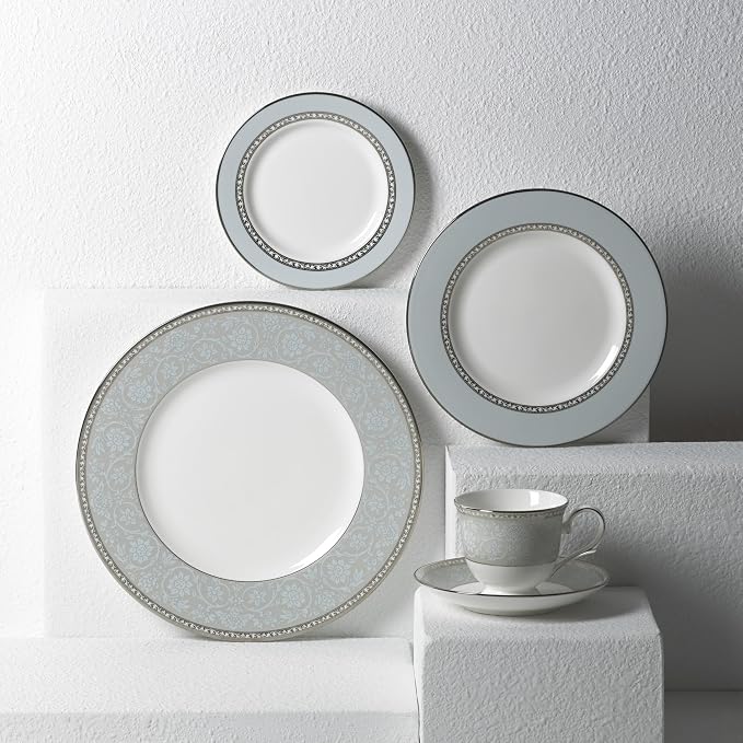 Lenox Dinnerware Set, Westmore 5-Piece Place Setting Set, Service for 1, Bone China Dinnerware, Dishwasher And Microwave Safe, Plate, Saucer, and Teacup, Kitchen and Dining (White/Blue, 5 Piece)