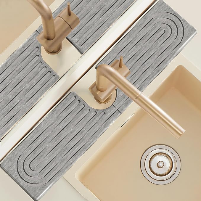 Diatomite Sink Faucet Splash Guard U Shape, 24" Large Stone Sink Tray, Modern Faucet Handle Drip Catcher Stone, Durable Faucet Draining Mat Protector for Kitchen Bathroom Island Counter, Light Grey