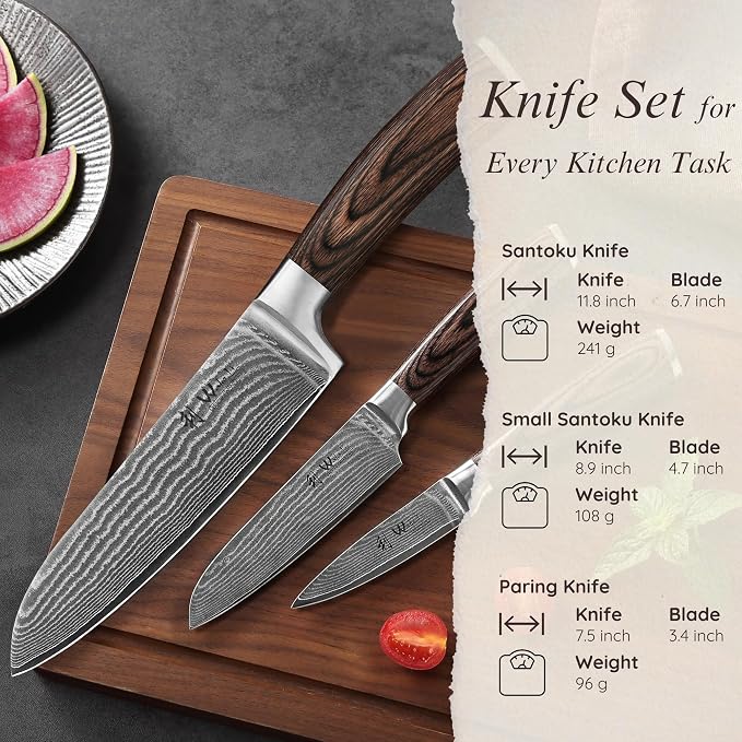 Wakoli EDIB 3-Piece Damascus Kitchen Knife Set in Wooden Gift Box, Razor Sharp Genuine Damascus Steel (VG10 Core), Includes Santoku, Small Santoku and Paring Knife, Ergonomic Pakkawood Handle