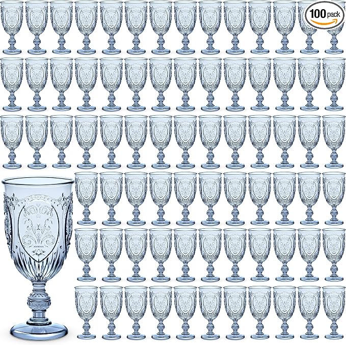Wiwiqing 100 Pcs Plastic Goblets 7.5oz Vintage Goblet Plastic Wine Glasses Colored Retro Embossed Water Goblets for Wine Bar Juice Baby Shower Wedding Reception Grand Event Party (Blue)