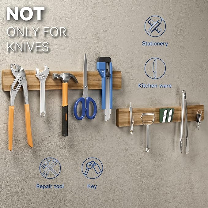 Magnetic Knife Holder for Wall, Acacia Wood Knife Magnetic Strip No Drill Knife Magnet Storage Bar Magnetic Tool Key Holder Strip for Kitchen Utensil Organizer (Light Brown, 16 Inch)