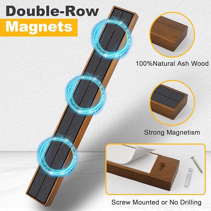Magnetic Knife Holder Wood, 16" Knife Magnetic Strip No Drill Adhesive Knife Magnet Block, 17 Inch Magnetic Knife Holder with 4 Hooks, Dual Rod Strong Magnet Knife Bar for Partry Garage Tool Rack
