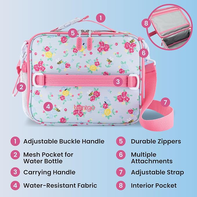 Bentgo Kids Prints Lunch Bag - Double-Insulated, Reusable, for Kids 3+, Adjustable Strap; Holds Lunch Box/Water Bottle/Snacks; Easy-Clean, Water-Resistant, Pockets (NEW Blooming Floral)