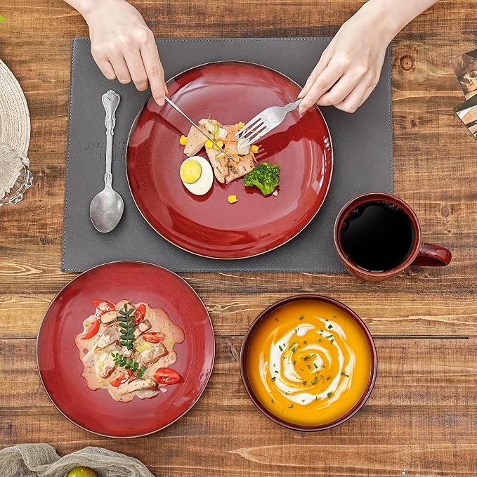 Vicrays 12-Piece Ceramic Dinnerware Set, Dinner Plates, Salad Plates & Cereal Bowls, Dish Set for 4, Microwave, Oven & Dishwasher Safe, Scratch Resistant, Cherry Red