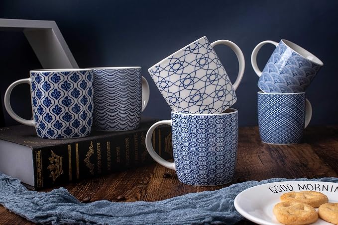 Set of 6 11.5 oz Coffee Mugs with Blue and White Geometric Patterns, Ceramic Tea Cup Set