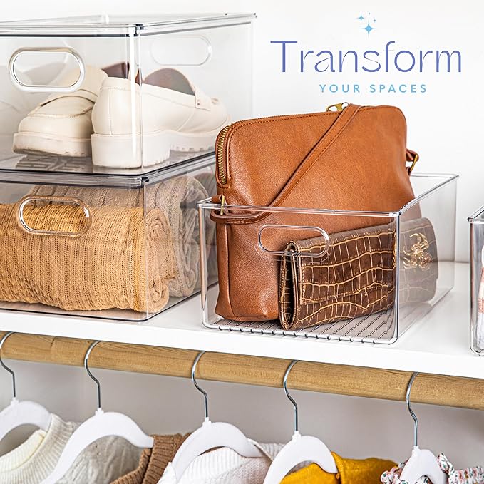 primebox 4 Pack Clear Plastic Organizer Bins with Handles for Home Organization. Storage Containers for Organizing Fridge, Freezer, Cabinet. Pantry, Great for Kitchen, Garage, Laundry Room. 10"x8"x5"