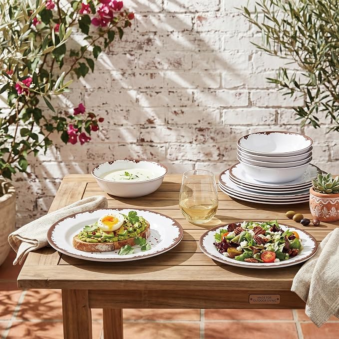 Melamine Dinnerware Set-12 Piece Farmhouse Plates and Bowls Set for 4,Lightweight&Durable Dish Set, Unbreakable Camping/RV Serving Dinner Plates, Dishwasher Safe, Off White