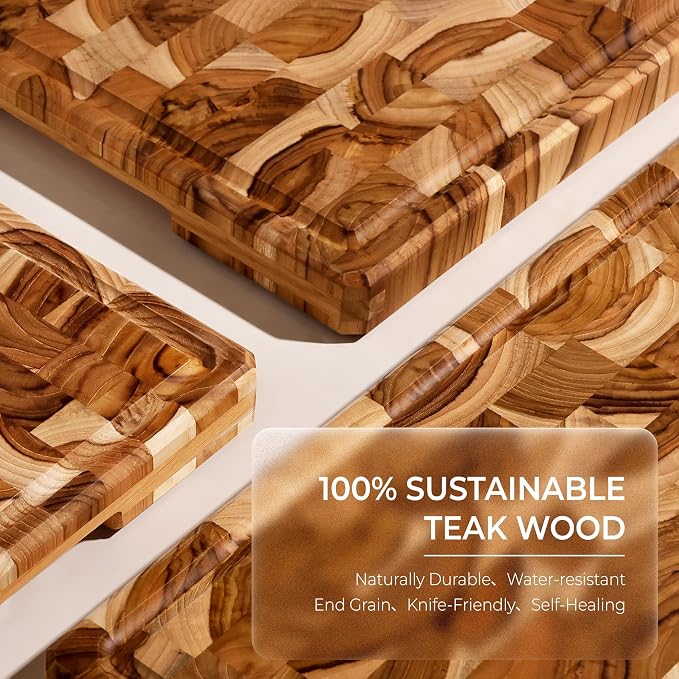 Teak Wood Cutting Boards for Kitchen 20'' Extra Large Butcher Block End Grain Wooden Cutting Board with Juice Groove & Handle Heavy Duty Chopping Charcuterie Board Non Toxic Slip Serving KnifeFriendly