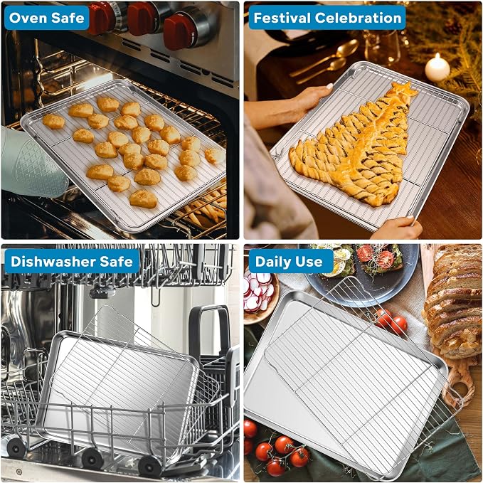 Herogo Baking Sheet with Wire Rack Set(1 Pans + 1 Racks), 16" x 12" x 1" Stainless Steel Jelly Roll Pan with Cooling Rack Set for Baking & Roasting, Non Toxic & Easy Clean