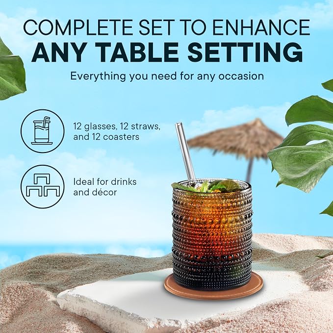 12 Oz Hobnail Drinking Set, Smokey Gray, Set of 12 | Vintage Embossed Glassware, Textured Tumblers, Includes Straws and Coasters, For Water, Beer, Cocktails, Mocktails, Whiskey