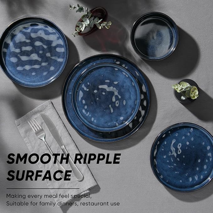 E-far 24-Piece Plates and Bowls Sets with Pasta Bowls - Stoneware Dinnerware Set for 6, Modern Ribbed Dishes, Microwave & Dishwasher Safe, Starry Blue