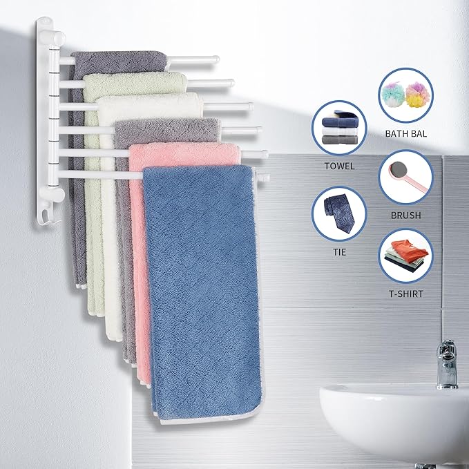 Swivel Towel Rack, 12.6 Inch Towel Bar with Wall Mounted 180° Rotation, 6 Arms Towel Hanger SUS 304 Stainless Steel, Space Saving for Kitchen, Bathroom, Outdoor, White