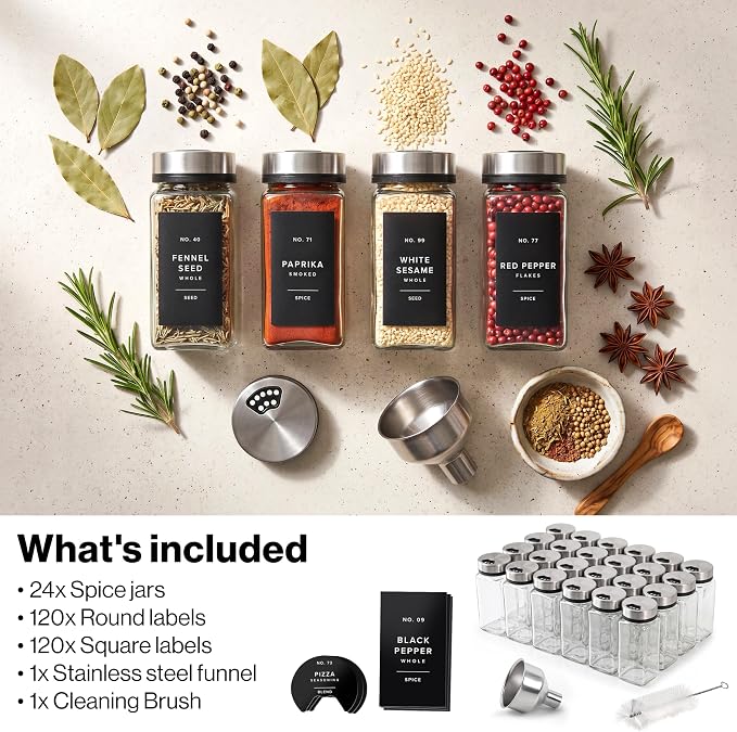 EDELHAUS Glass Spice Jars with Label and Silver Rotating Lids (24 x 4oz) Spice Containers with 240 Labels, Shaker Inserts, Steel Funnel, Empty Square Containers