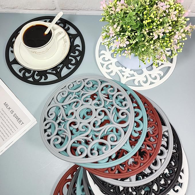 Silicone Trivets Mats for Hot Dishes, Countertop, Hot Pots and Pans, Heat Resistant Modern Silicone Hot Pads for Kitchen Table, White Trivet Mats Round, Multi-Use Intricately Mat