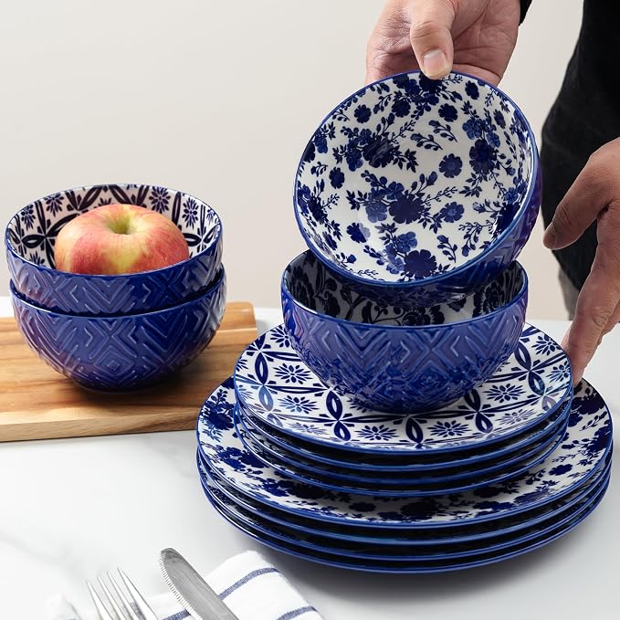 LEHAHA 12 Pieces Modern Porcelain Dinnerware Set，Service for 4, Ceramic Plates and Bowls Sets, Kitchen Dinner, Salad, Dessert Plate and Cereal Bowl Set, Ceramics Dishes Set, Blue and White
