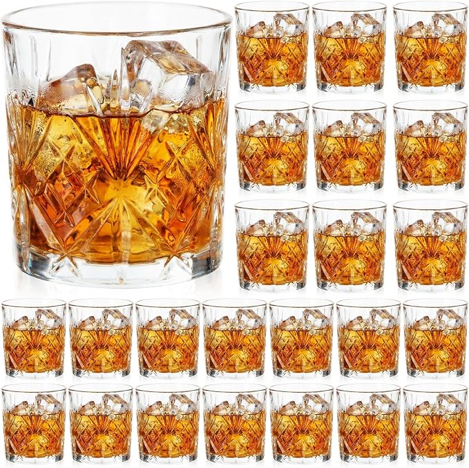 24 Pcs Old Fashioned Whiskey Glasses 12 oz Elegant Crystal Whiskey Glasses Bourbon Cocktail Rocks Glass for Bourbon Scotch Liquor Cocktails Barware Men Gifts