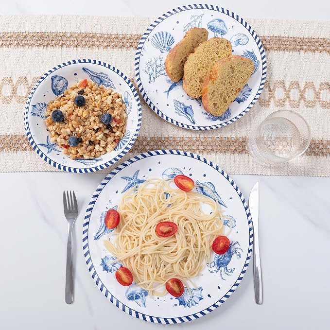 LEHAHA 12-Piece Coastal Melamine Dinnerware Set Service for 4, Unbreakable & Lightweight Round Plates and Bowls Set, Outdoor Dish Set for Patio, Camper, RV, Indoor Outdoor Use with Ocean Printed