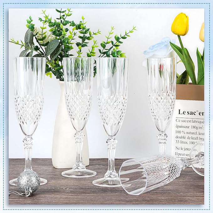Plastic Champagne Flutes, Champagne Glasses Bulk, Reusable Unbreakable Acrylic Wine Glasses Goblets for Weddings Bachelor Parties Toasting Bridal Shower (100,Transparent)
