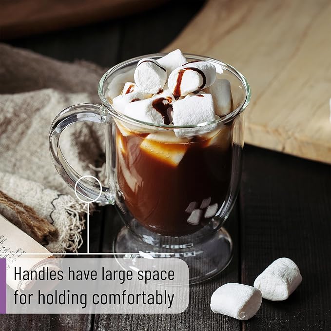 BTaT- Double Walled Glass Coffee Mugs, 12 oz, Set of 6, Glass Coffee Cups with Handle, Insulated Clear Coffee Mug for Hot and Cold Beverages, Cappuccino, Latte, Tea, Americano, Microwave Safe